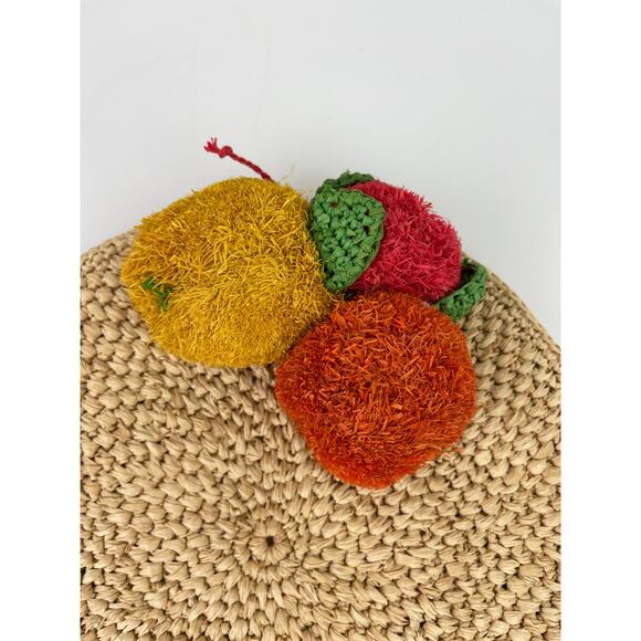 MAR Y SOL Tan Straw Raffia Fruit Embellished Round Zip Up Clutch Handbag - Picture 2 of 6